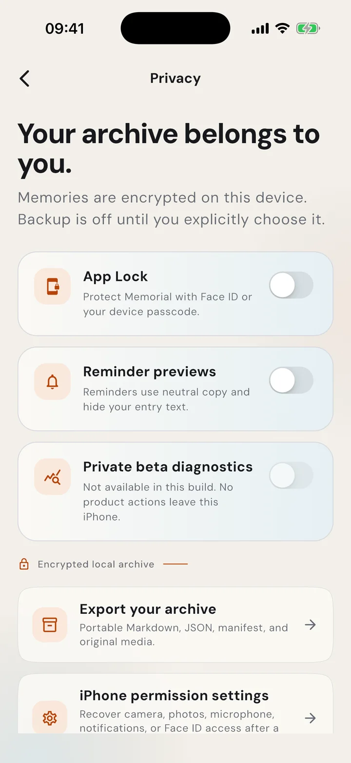 Thus Far light-mode privacy screen showing App Lock, reminder previews, diagnostics, and archive controls